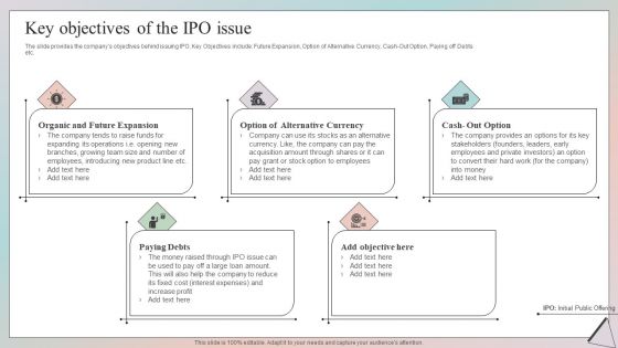 Grow Capital Through Equity Debt Key Objectives Of The IPO Issue Infographics PDF