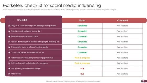 Guide Digital Advertising Optimize Lead Targeting Marketers Checklist For Social Media Influencing Introduction PDF