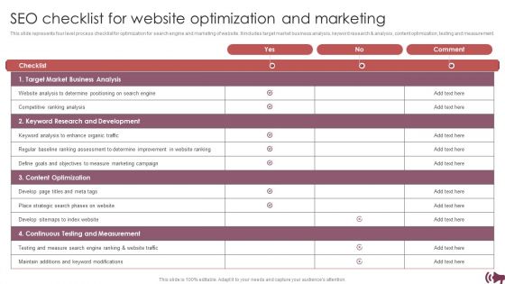 Guide Digital Advertising Optimize Lead Targeting SEO Checklist For Website Optimization And Marketing Mockup PDF
