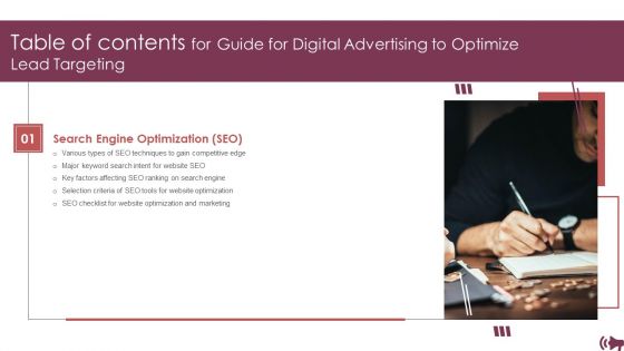 Guide Digital Advertising Optimize Lead Targeting Table Of Contents Mockup PDF