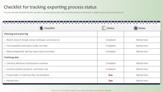 Guide For Global Marketing Checklist For Tracking Exporting Process Status Topics PDF
