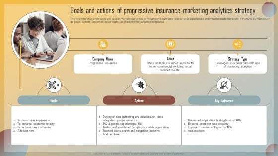 Guide For Marketing Analytics To Improve Decisions Goals And Actions Of Progressive Insurance Marketing Diagrams PDF