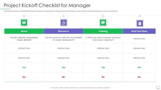 Guide For Software Developers Project Kickoff Checklist For Manager Icons PDF