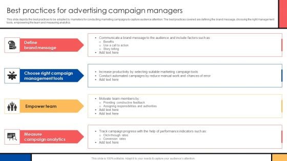 Guide To Create Advertising Campaign For Client Engagement Best Practices For Advertising Campaign Managers Summary PDF