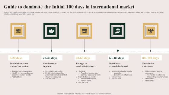 Guide To Dominate The Initial 100 Days In International Market Infographics PDF