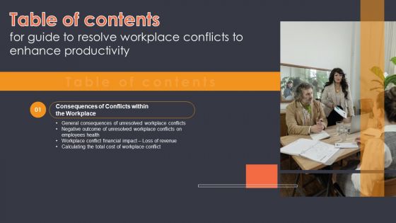 Guide To Resolve Workplace Conflicts To Enhance Productivity Table Of Contents Ppt Infographics Information PDF