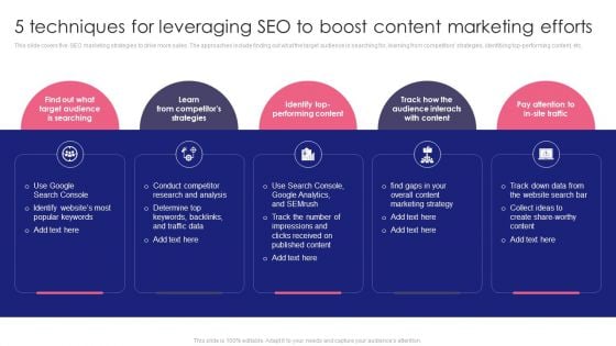 Guide To SEO Marketing 5 Techniques For Leveraging SEO To Boost Content Infographics PDF Guide To SEO Marketing 5 Techniques For Leveraging SEO To Boost Content Infographics PDF
