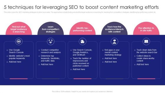 Guide To SEO Marketing 5 Techniques For Leveraging SEO To Boost Content Infographics PDF