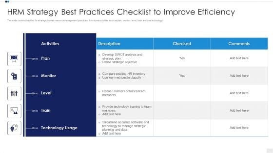 HRM Strategy Best Practices Checklist To Improve Efficiency Brochure PDF