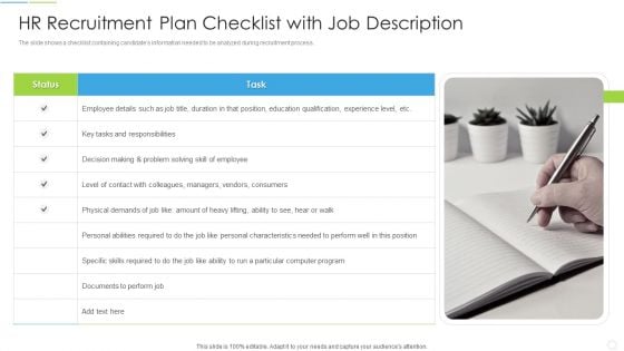 HR Recruitment Plan Checklist With Job Description Guidelines PDF