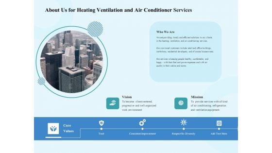 HVAC About Us For Heating Ventilation And Air Conditioner Services Ppt Summary Graphics Template PDF