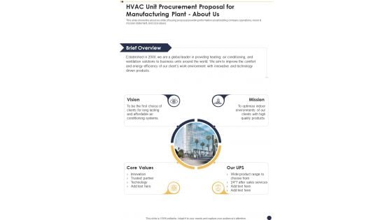 HVAC Unit Procurement Proposal For Manufacturing Plant About Us One Pager Sample Example Document