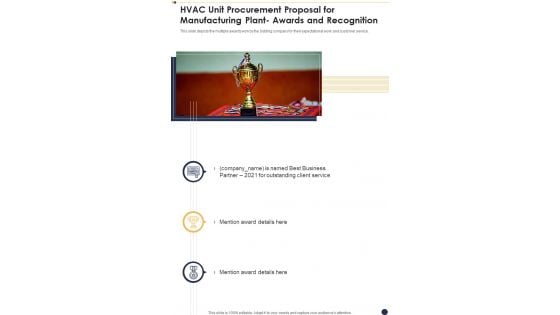 HVAC Unit Procurement Proposal For Manufacturing Plant Awards And Recognition One Pager Sample Example Document