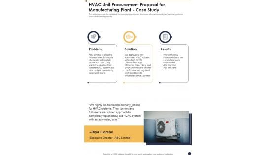 HVAC Unit Procurement Proposal For Manufacturing Plant Case Study One Pager Sample Example Document