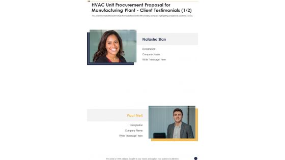 HVAC Unit Procurement Proposal For Manufacturing Plant Client Testimonials One Pager Sample Example Document