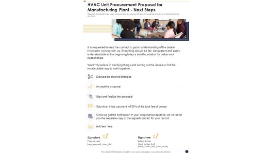 HVAC Unit Procurement Proposal For Manufacturing Plant Next Steps One Pager Sample Example Document