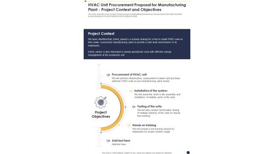 HVAC Unit Procurement Proposal For Manufacturing Plant Project Context And Objectives One Pager Sample Example Document