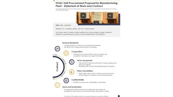 HVAC Unit Procurement Proposal For Manufacturing Plant Statement Of Work And Contract One Pager Sample Example Document