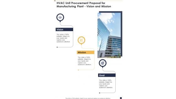 HVAC Unit Procurement Proposal For Manufacturing Plant Vision And Mission One Pager Sample Example Document HVAC Unit Procurement Proposal For Manufacturing Plant Vision And Mission One Pager Sample Example Document