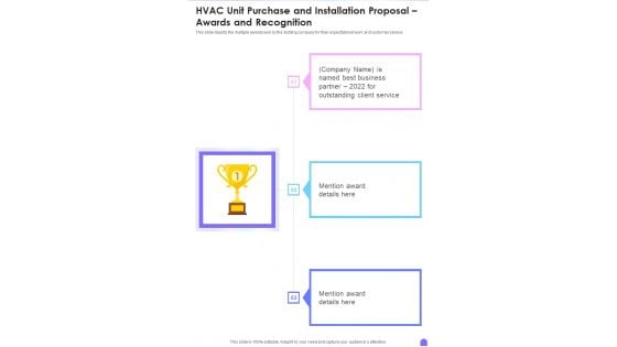 HVAC Unit Purchase And Installation Proposal Awards And Recognition One Pager Sample Example Document