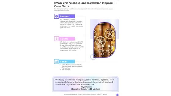 HVAC Unit Purchase And Installation Proposal Case Study One Pager Sample Example Document