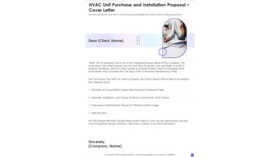 HVAC Unit Purchase And Installation Proposal Cover Letter One Pager Sample Example Document