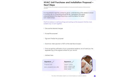 HVAC Unit Purchase And Installation Proposal Next Steps One Pager Sample Example Document