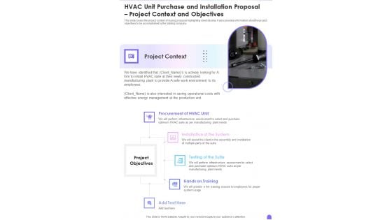 HVAC Unit Purchase And Installation Proposal Project Context And Objectives One Pager Sample Example Document