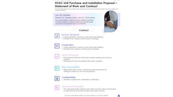 HVAC Unit Purchase And Installation Proposal Statement Of Work And Contract One Pager Sample Example Document