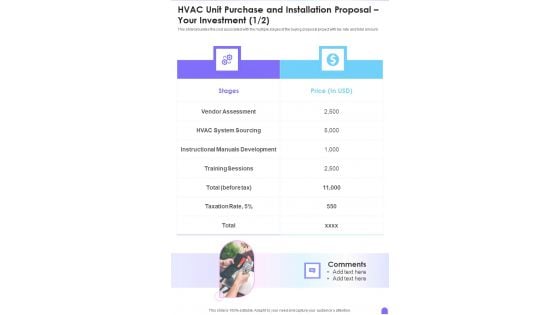 HVAC Unit Purchase And Installation Proposal Your Investment One Pager Sample Example Document