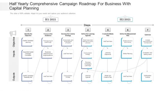 Half Yearly Comprehensive Campaign Roadmap For Business With Capital Planning Background