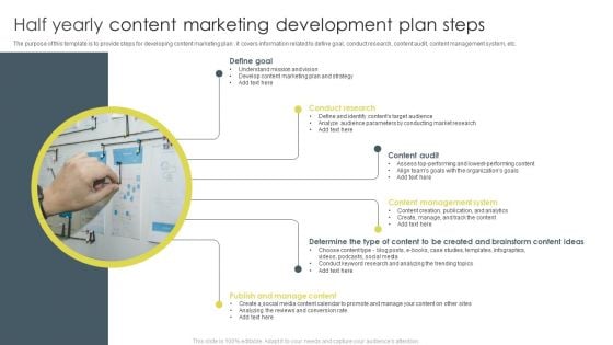 Half Yearly Content Marketing Development Plan Steps Ppt Icon Microsoft PDF