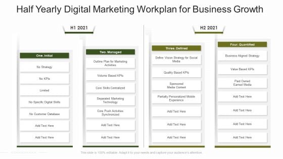 Half Yearly Digital Marketing Workplan For Business Growth Slides