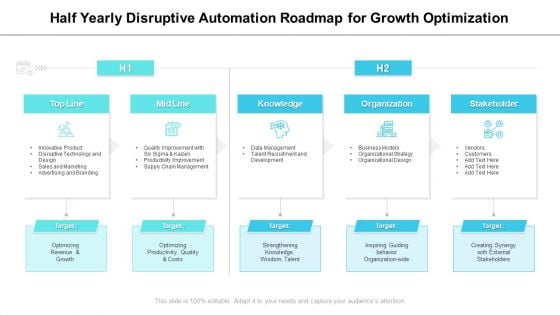 Half Yearly Disruptive Automation Roadmap For Growth Optimization Diagrams