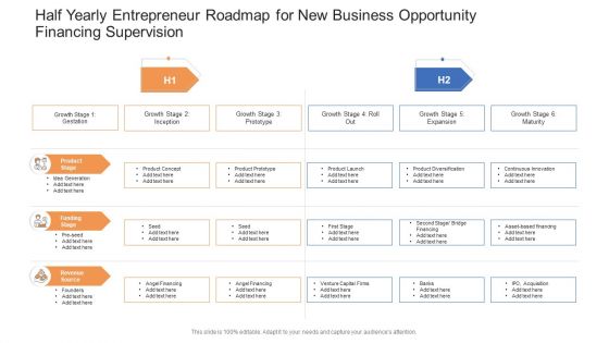 Half Yearly Entrepreneur Roadmap For New Business Opportunity Financing Supervision Professional PDF