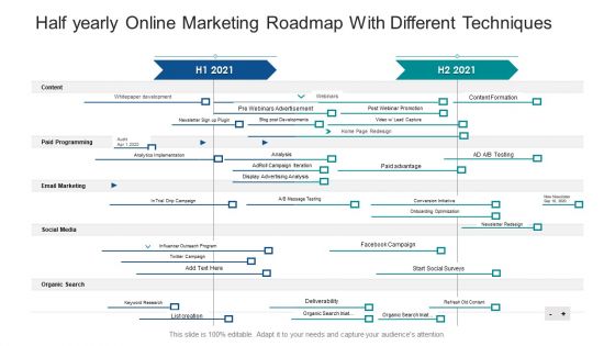 Half Yearly Online Marketing Roadmap With Different Techniques Ppt Icon Layouts PDF