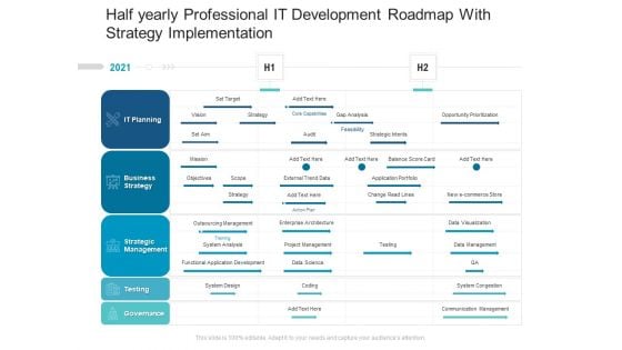 Half Yearly Professional IT Development Roadmap With Strategy Implementation Diagrams