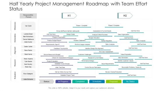 Half Yearly Project Management Roadmap With Team Effort Status Elements