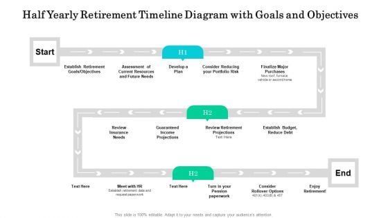 Half Yearly Retirement Timeline Diagram With Goals And Objectives Summary