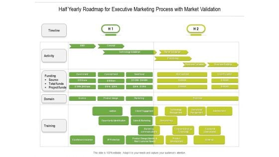 Half Yearly Roadmap For Executive Marketing Process With Market Validation Icons