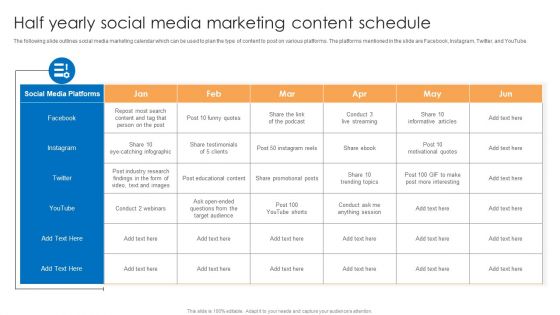 Half Yearly Social Media Marketing Content Schedule Icons PDF