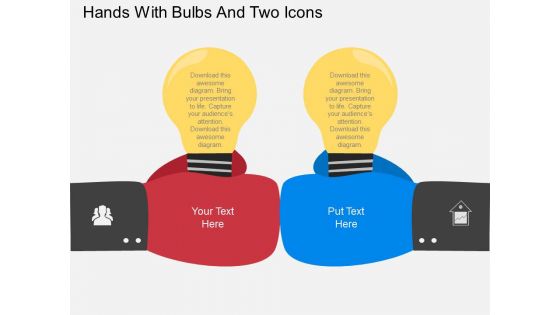 Hands With Bulbs And Two Icons Powerpoint Template