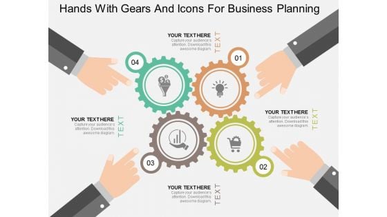 Hands With Gears And Icons For Business Planning Powerpoint Template