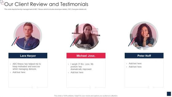 Health And Fitness App Pitch Deck Our Client Review And Testimonials Template PDF Health And Fitness App Pitch Deck Our Client Review And Testimonials Template PDF