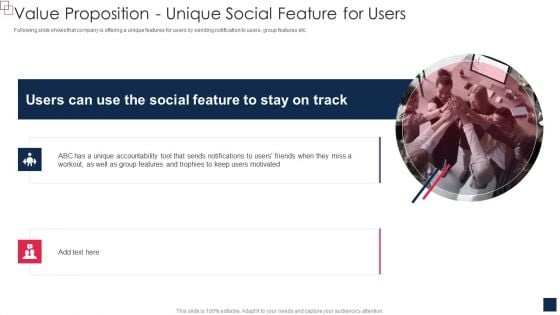 Health And Fitness App Pitch Deck Value Proposition Unique Social Feature For Users Summary PDF