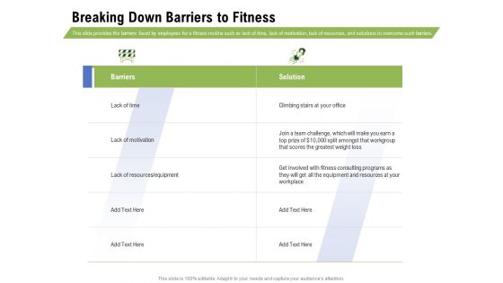 Health And Fitness Consultant Breaking Down Barriers To Fitness Icons PDF