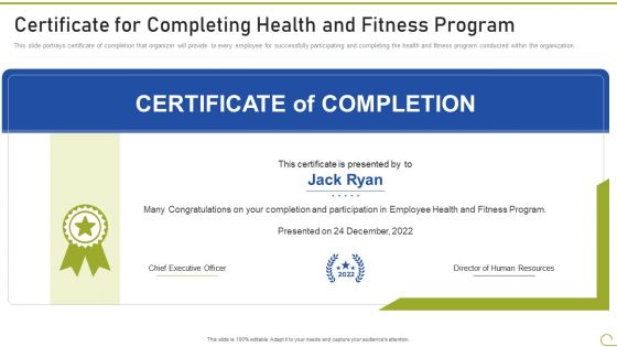 Health And Fitness Playbook Certificate For Completing Health And Fitness Program Elements PDF