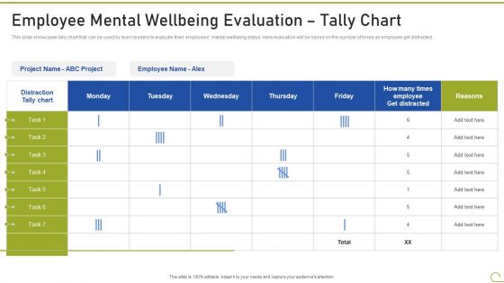 Health And Fitness Playbook Employee Mental Wellbeing Evaluation Tally Chart Designs PDF