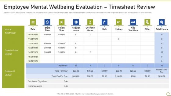 Health And Fitness Playbook Employee Mental Wellbeing Evaluation Timesheet Review Pictures PDF