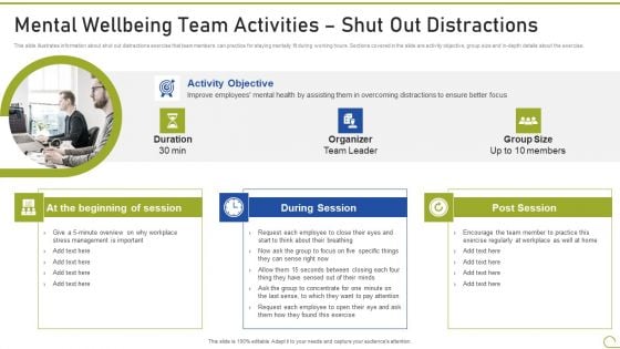 Health And Fitness Playbook Mental Wellbeing Team Activities Shut Out Distractions Professional PDF